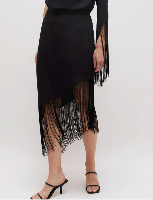 Asymetrical Midi Fringe Skirt - Black