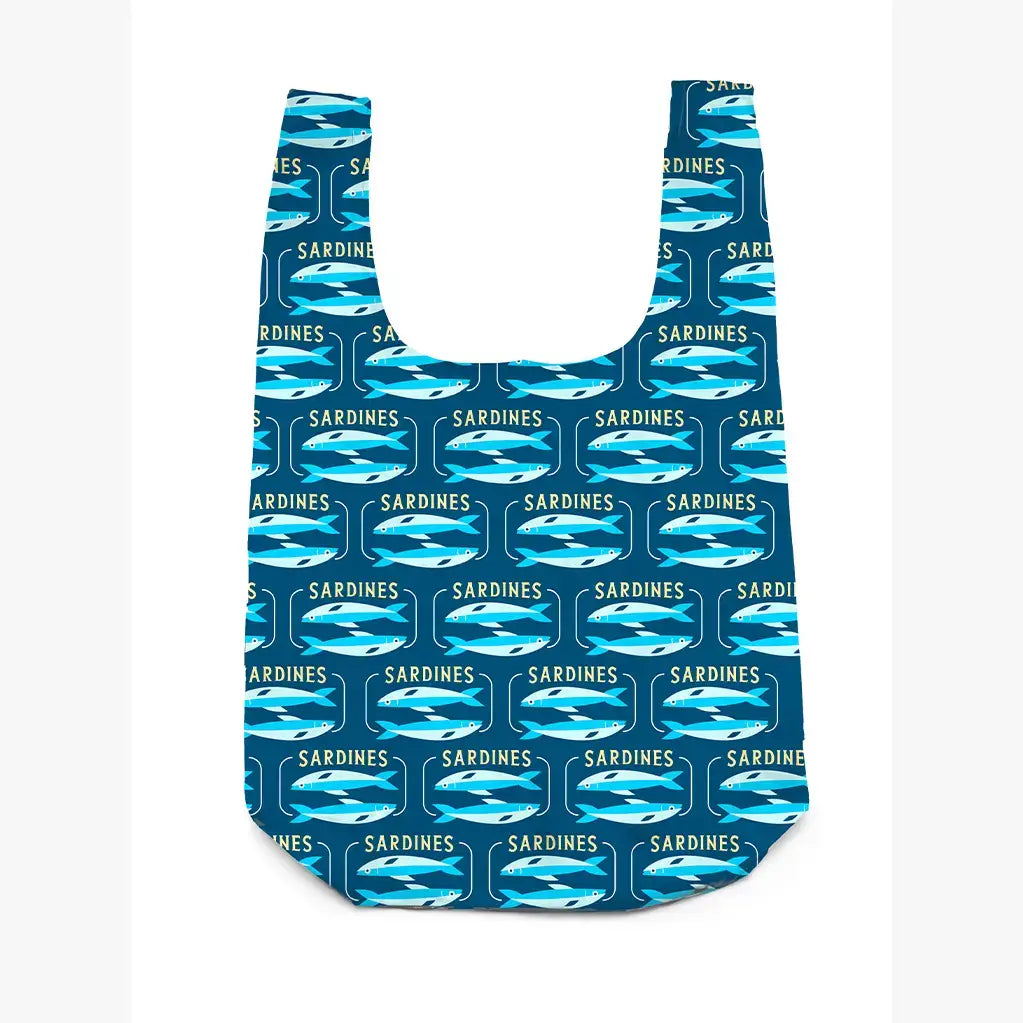 Reusable shopping bag with sardine can pattern on a blue background