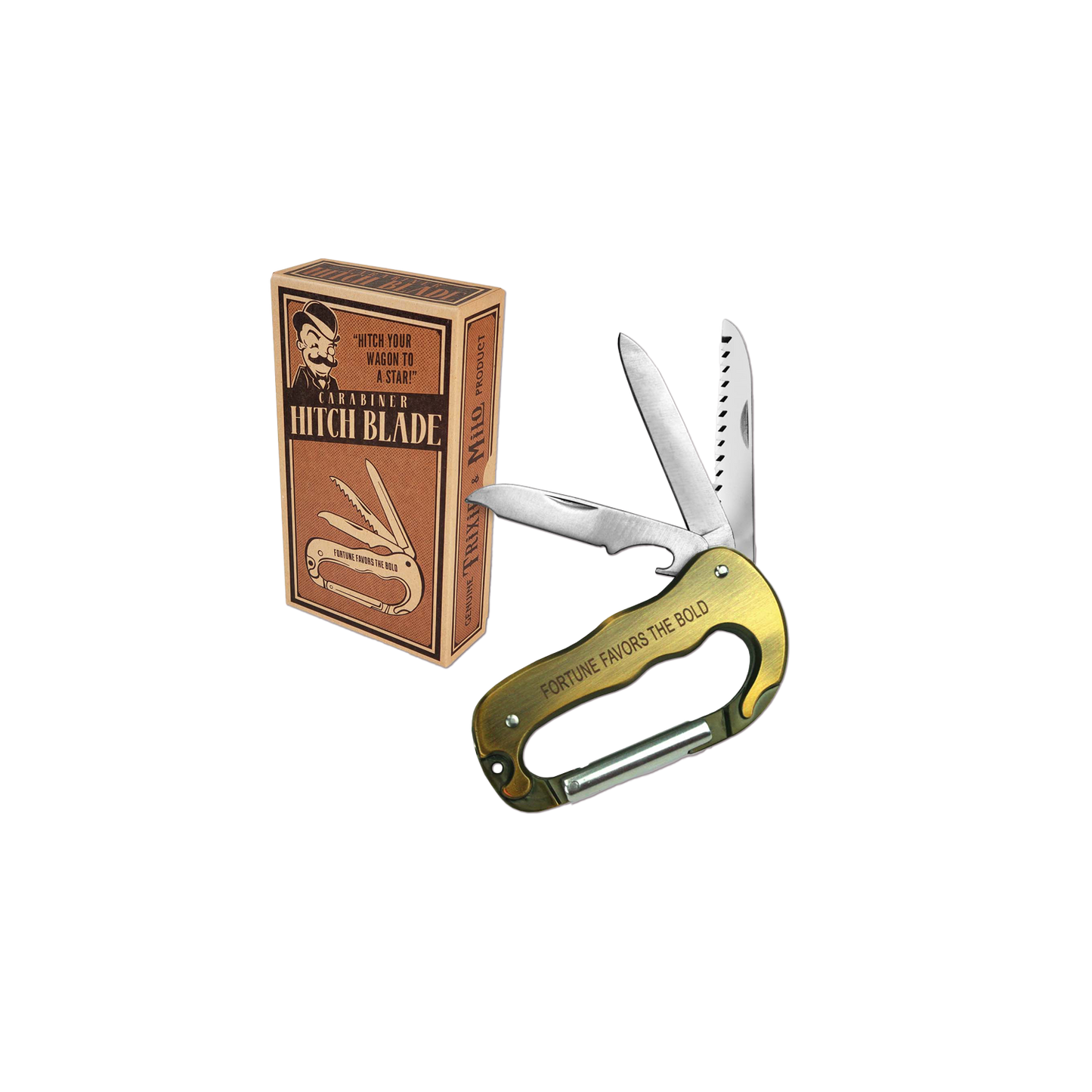 Folding knife with gold handle and box on a white background