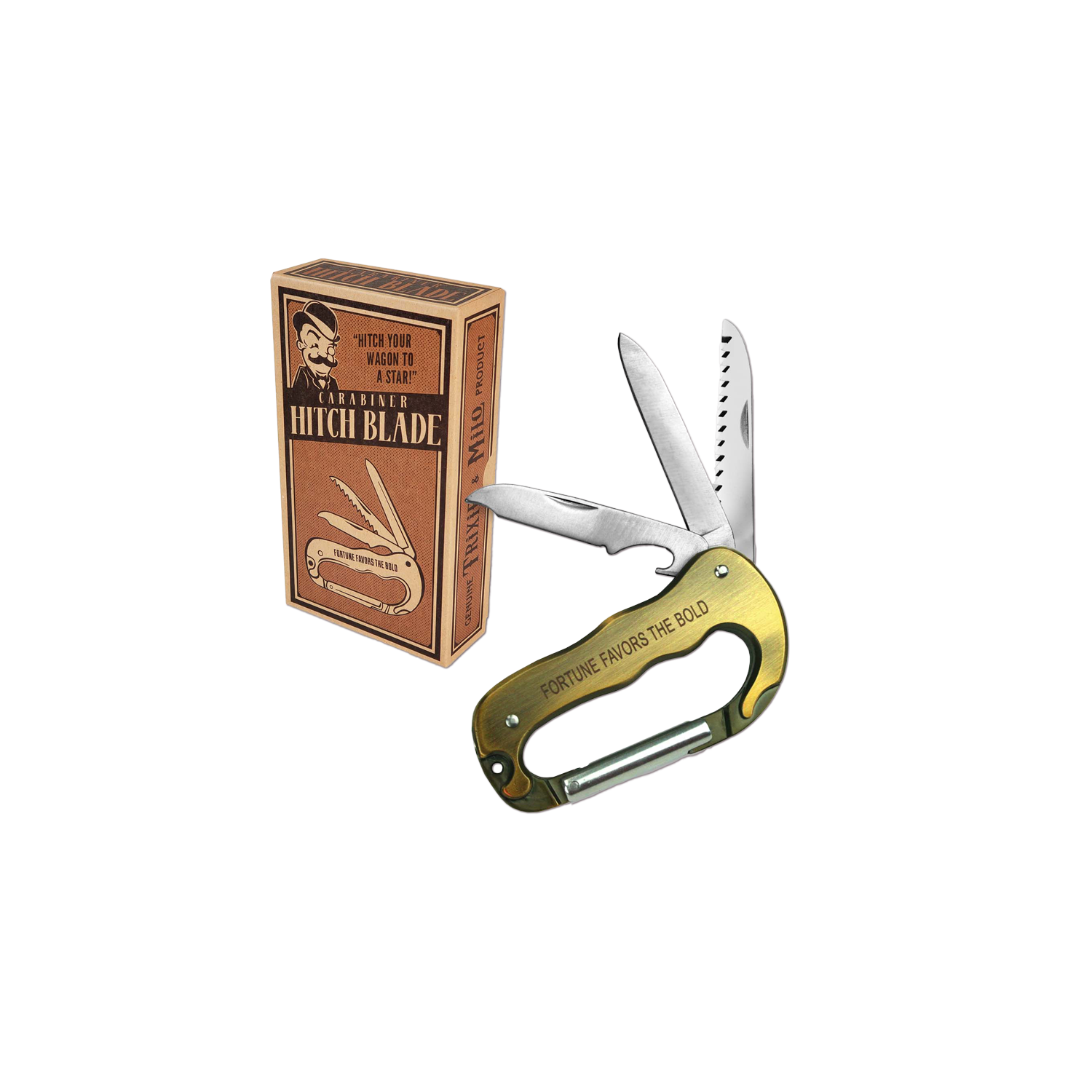 Folding knife with gold handle and box on a white background