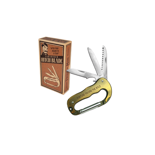 Folding knife with gold handle and box on a white background
