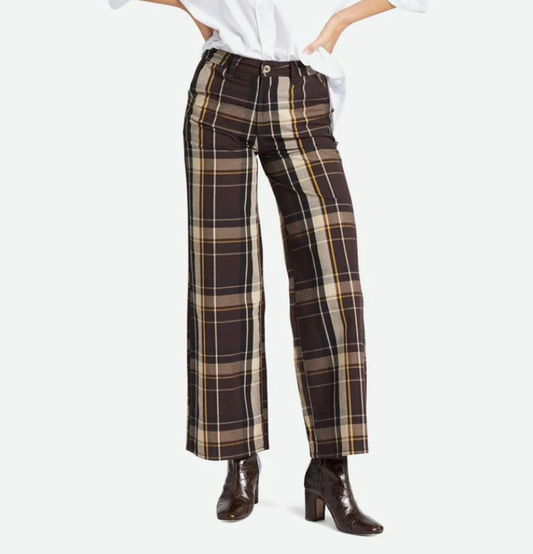 A pair of seal brown and bright gold plaid wide-leg pants with a high-rise waist and standard fit.