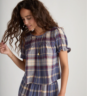 Elena Smocked Top -Dusty Blue Plaid