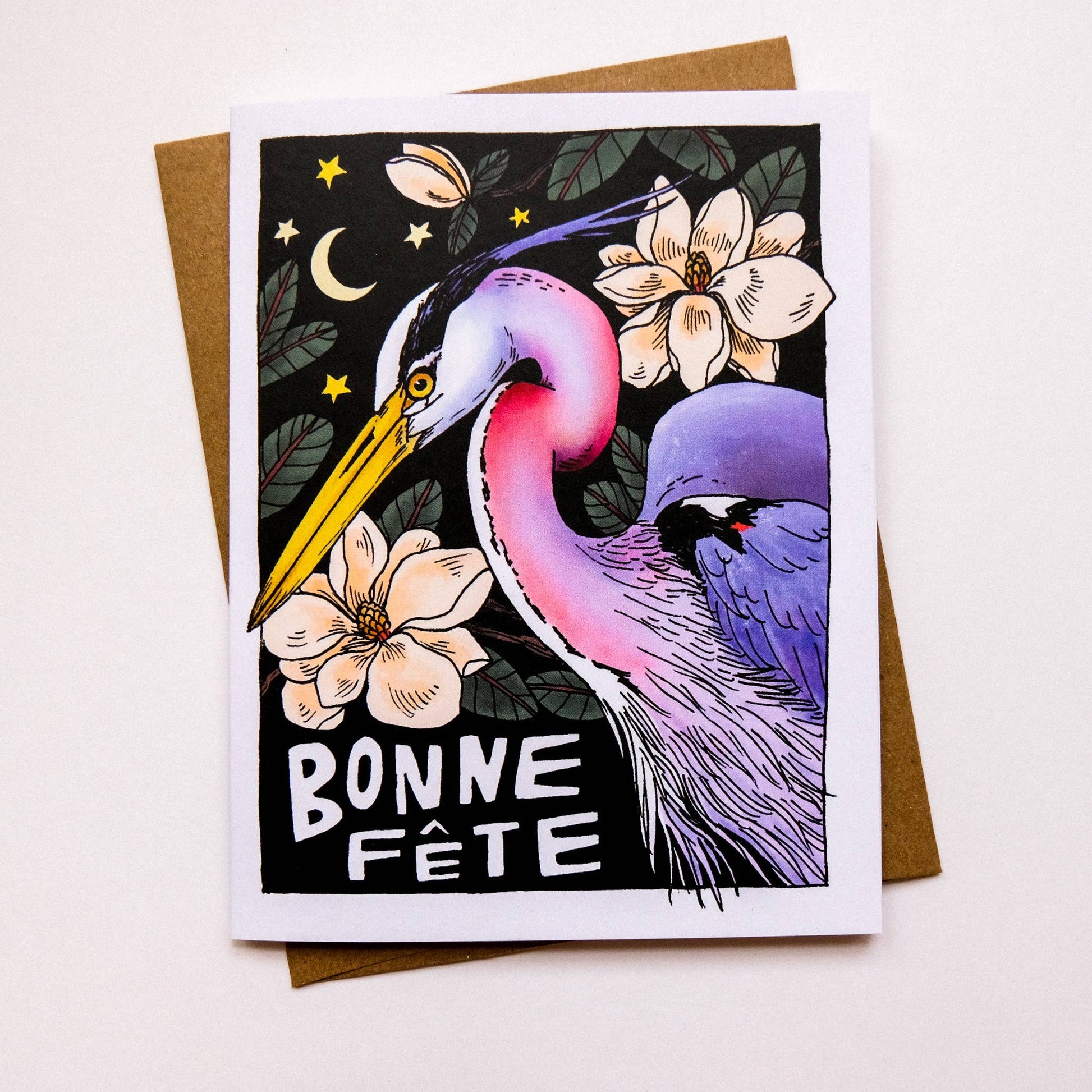 Greeting card with a colorful heron illustration and 'Bonne Fète' text on a white background.