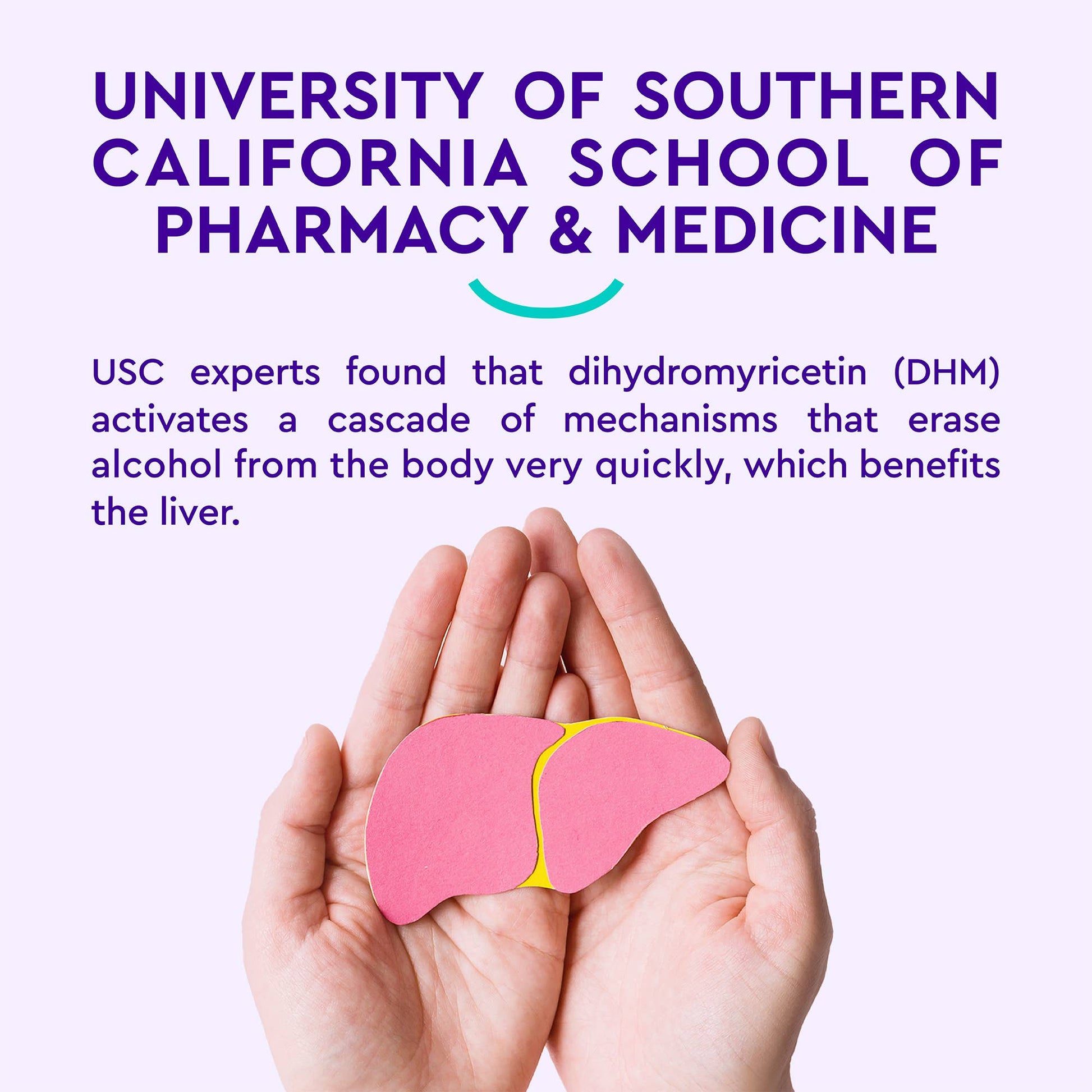 Hands holding a pink and yellow liver model with text about USC experts and dihydromyricetin.