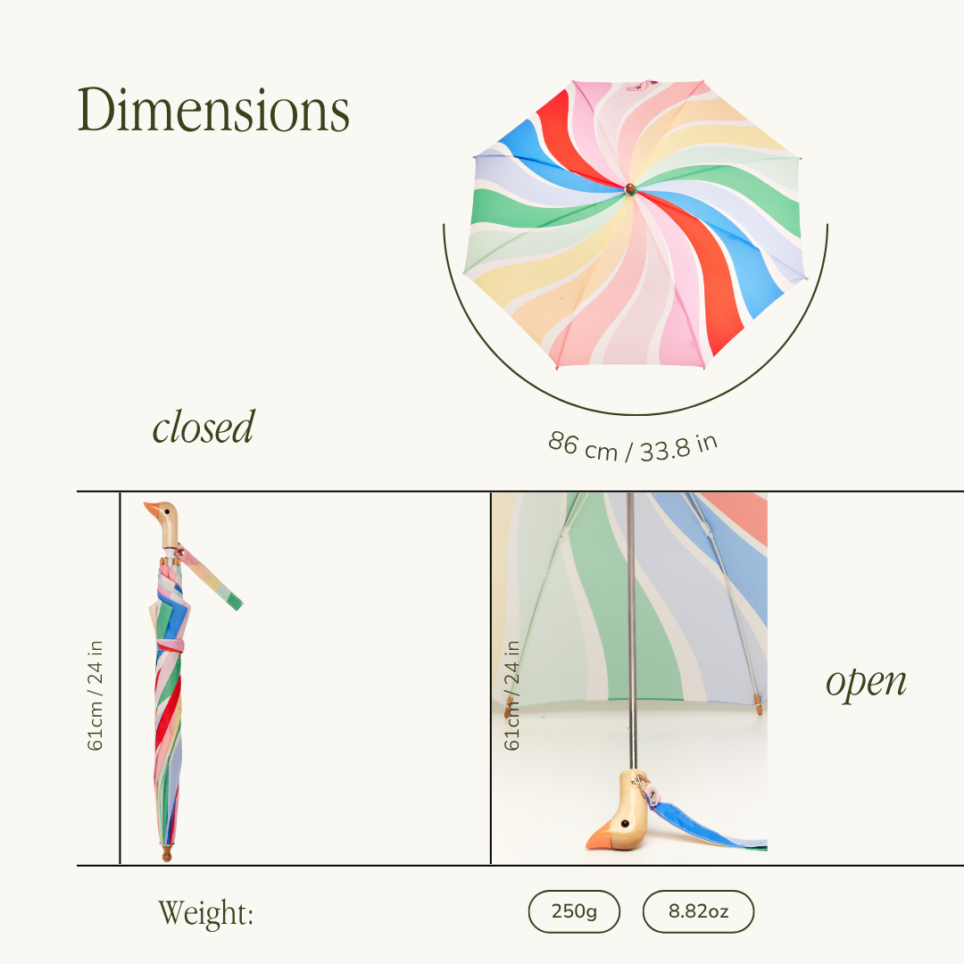 Colorful umbrella with dimensions and weight information on a white background