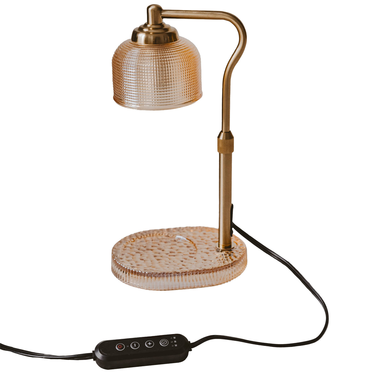 Table lamp with woven design on a white background