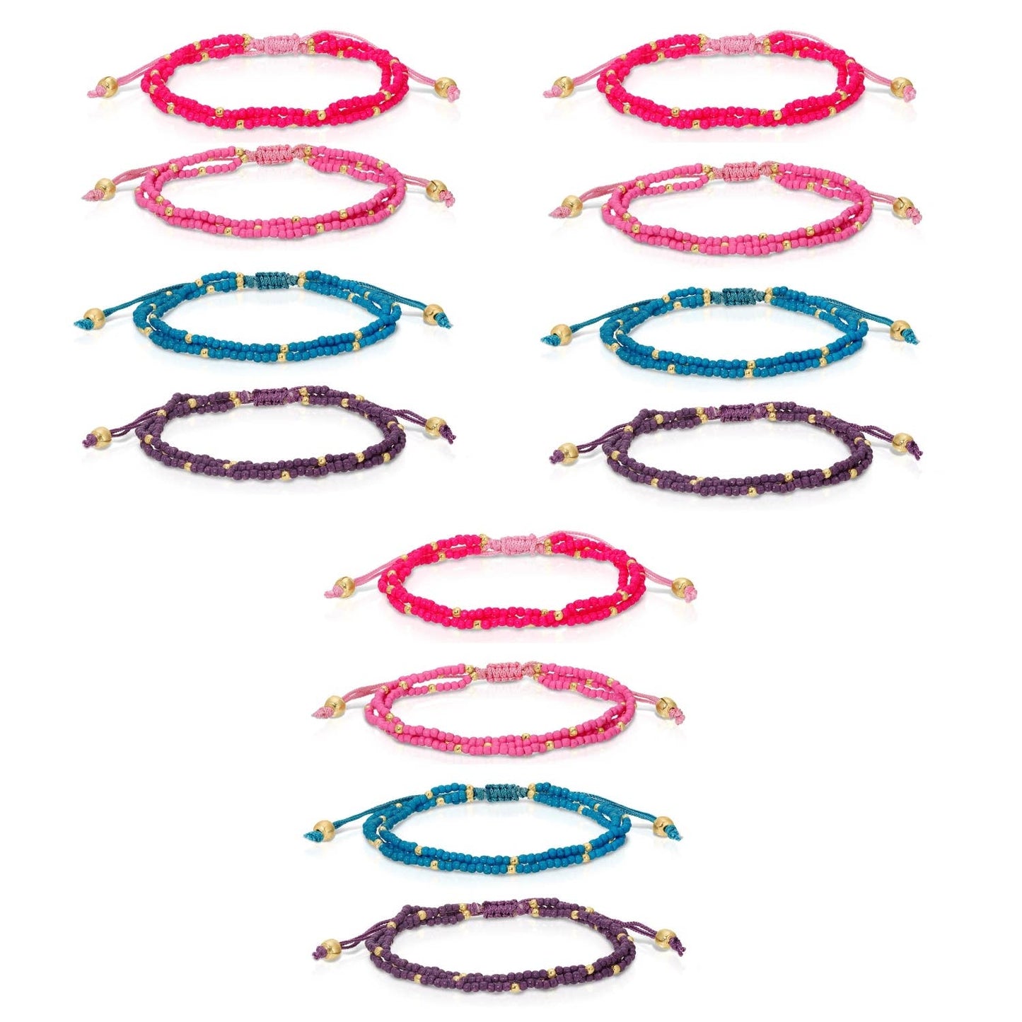 Set of colorful beaded bracelets on a white background