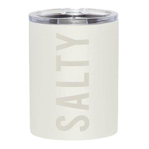 White tumbler with 'SALTY' engraving on a white background