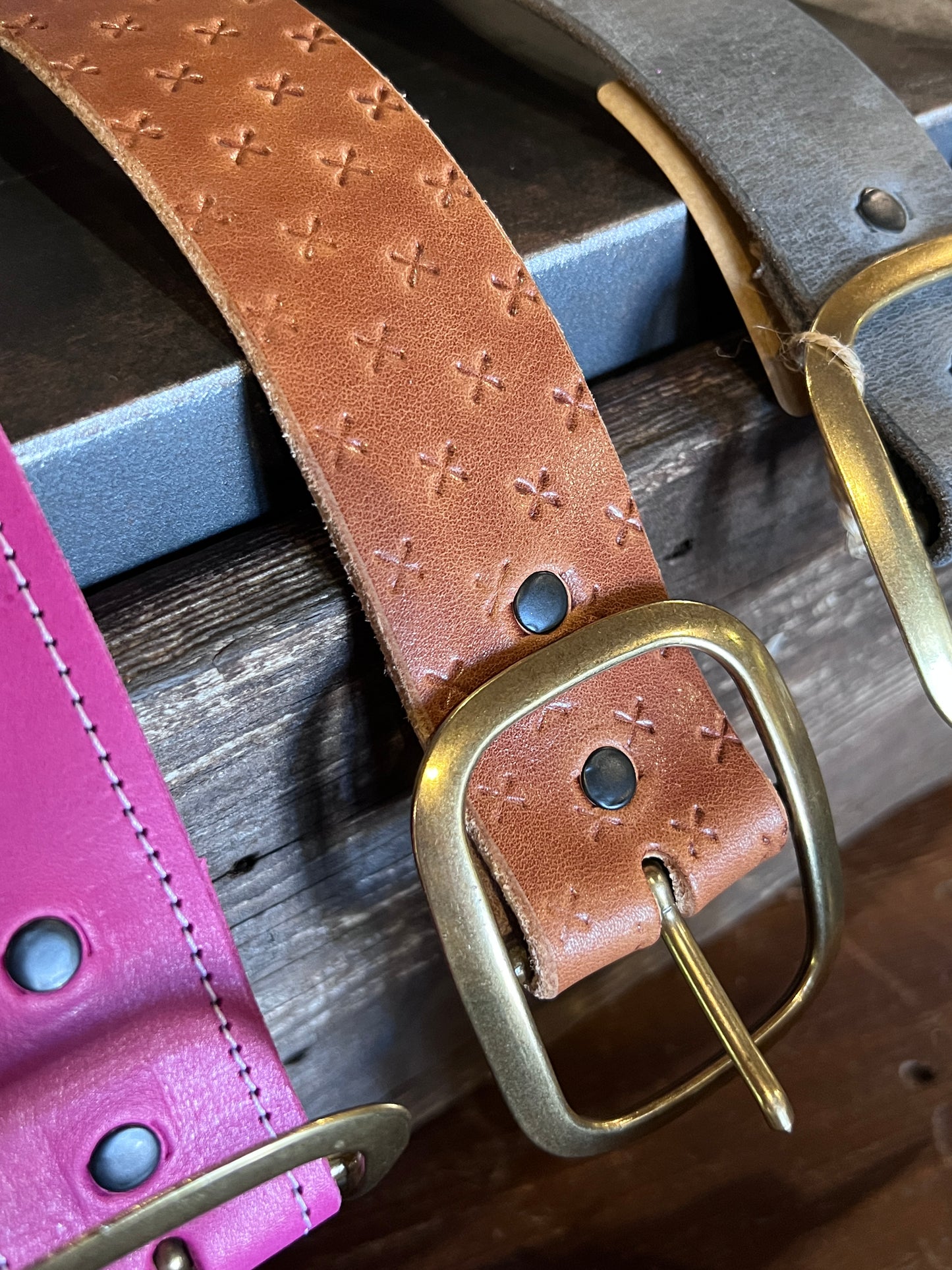Embossed X Leather Belt Snap Closure