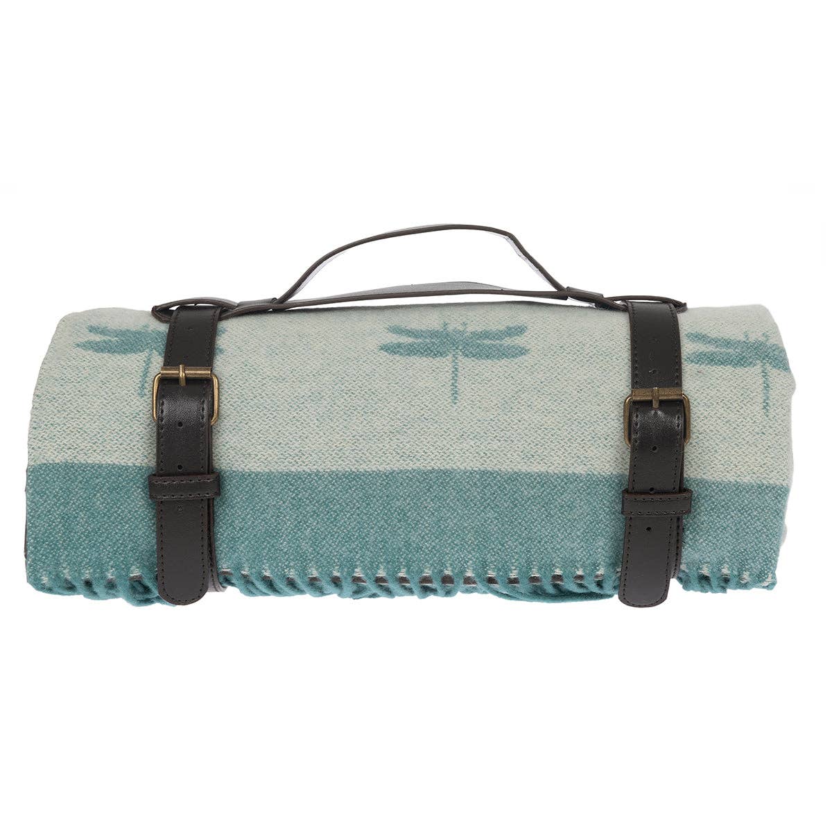 Roll-up blanket with dragonfly pattern and black straps on a white background