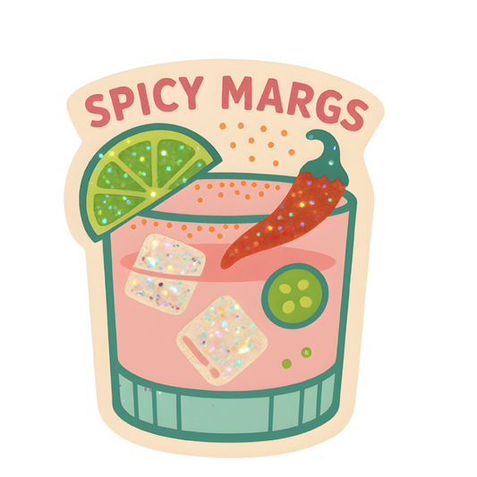 Illustration of a spicy margarita with lime, chili pepper, and ice cubes on a white background.