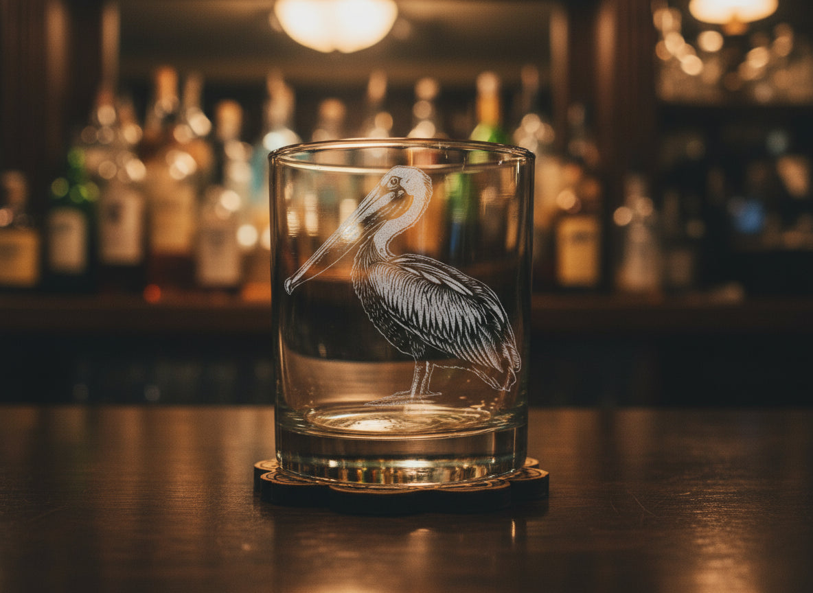Clear glass tumbler with a pelican design on a wooden surface with a plant and cocktail shaker in the background.