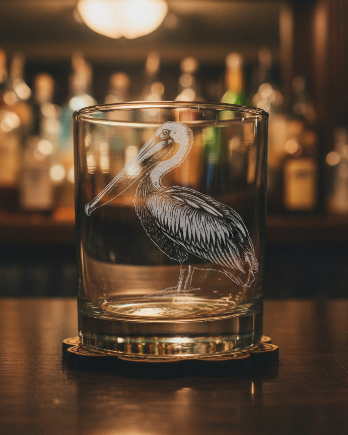 Clear glass tumbler with a pelican design on a wooden surface with a plant and cocktail shaker in the background.