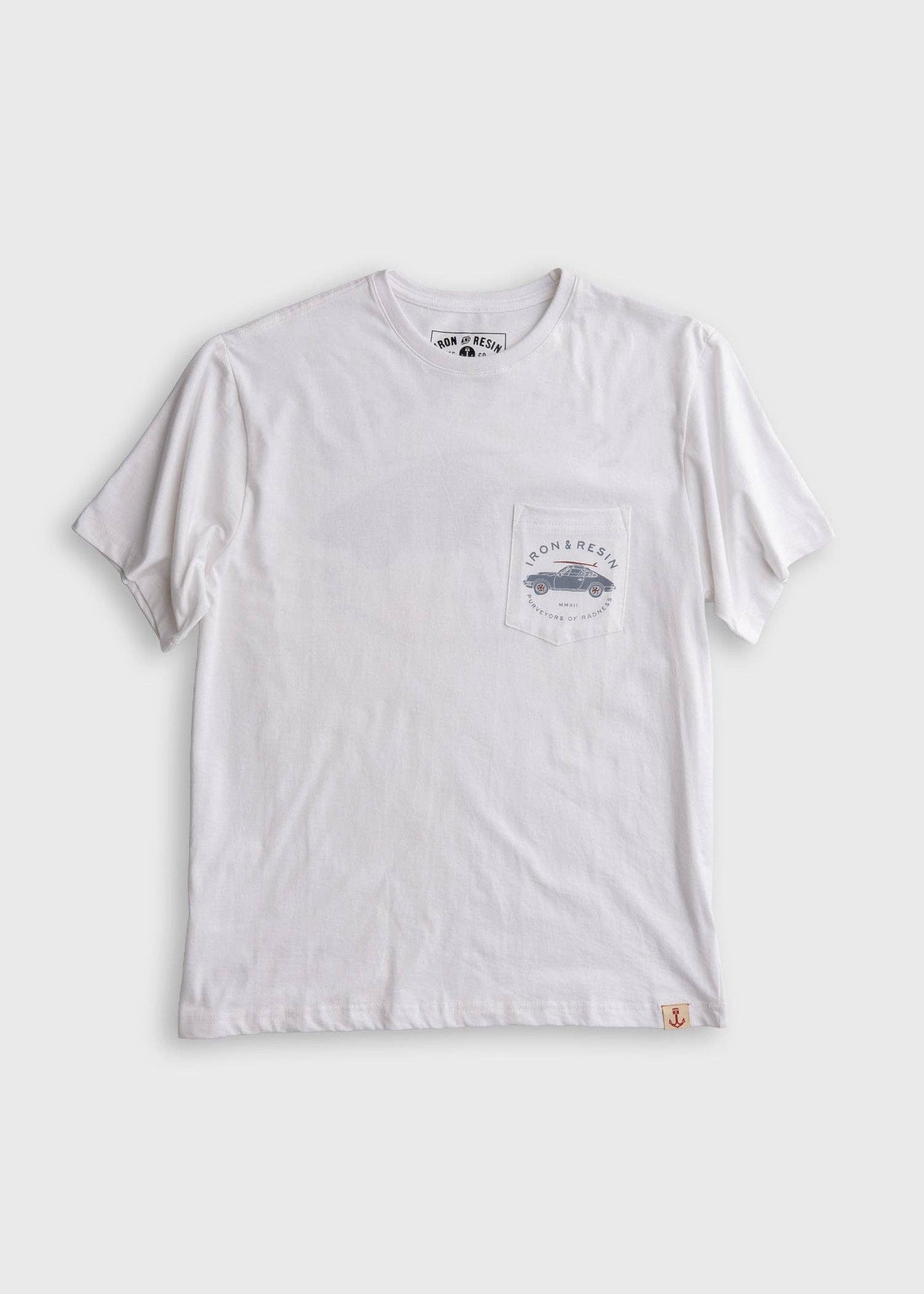 White t-shirt with a small pocket and branding on a light gray background