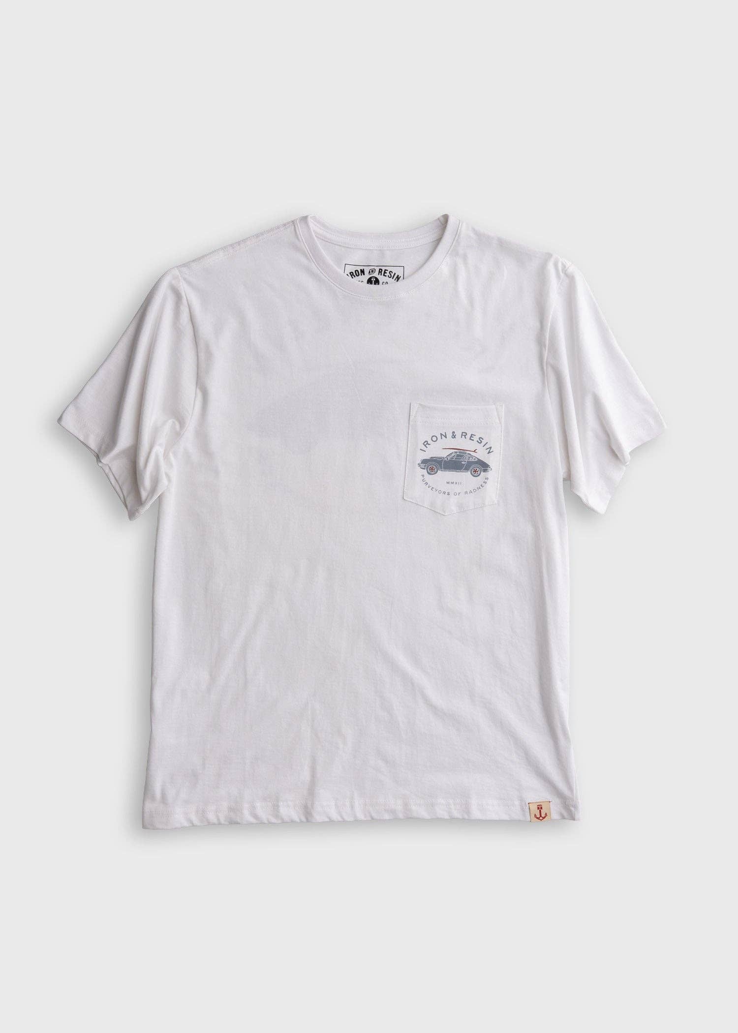 White t-shirt with a small pocket and branding on a light gray background