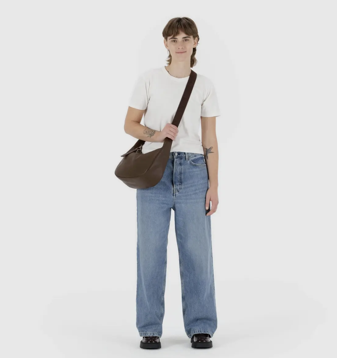 Medium Recycled Leather Crescent Bag - Brown