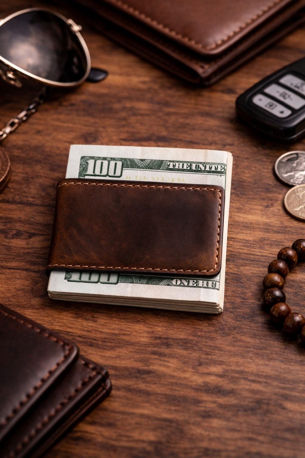 Brown leather wallet with dollar bill on a wooden surface with coins and sunglasses.