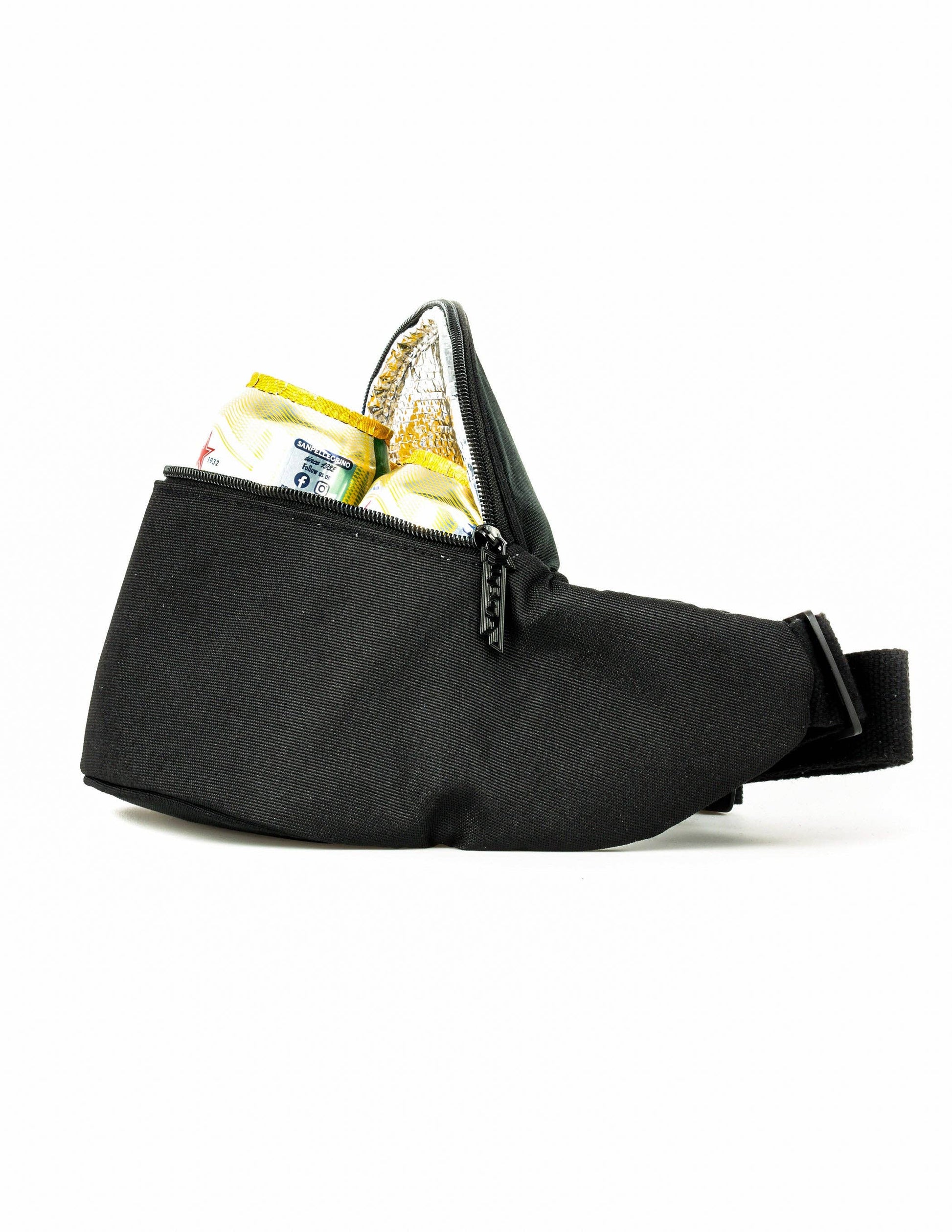 Black waist bag with a zipper on a white background