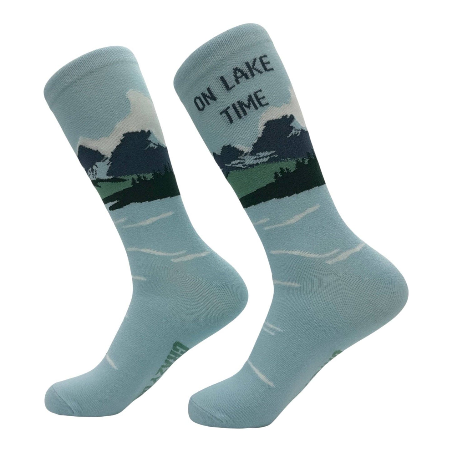 Pair of socks with lake scene design and 'On Lake Time' text on a white background