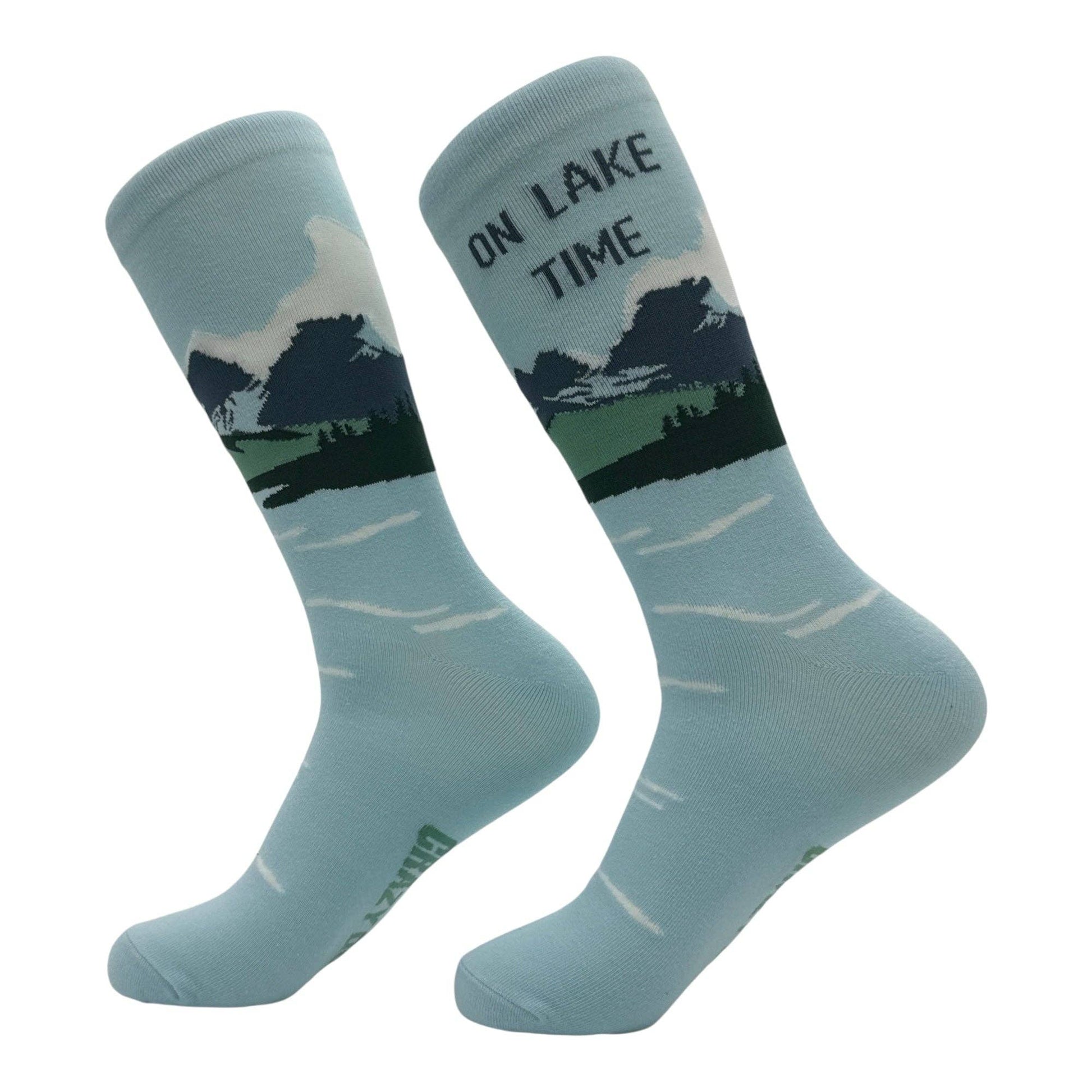 Pair of socks with lake scene design and 'On Lake Time' text on a white background