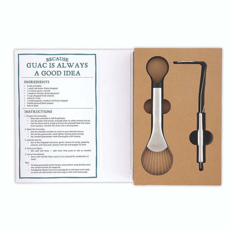 Garnish set with two tools and a recipe card on a white background