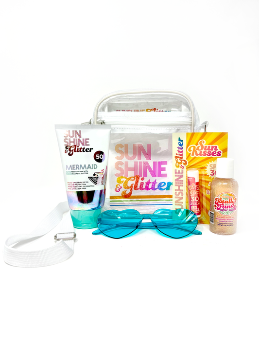 Sunshine and Glitter product set with sunglasses and bags on a white background