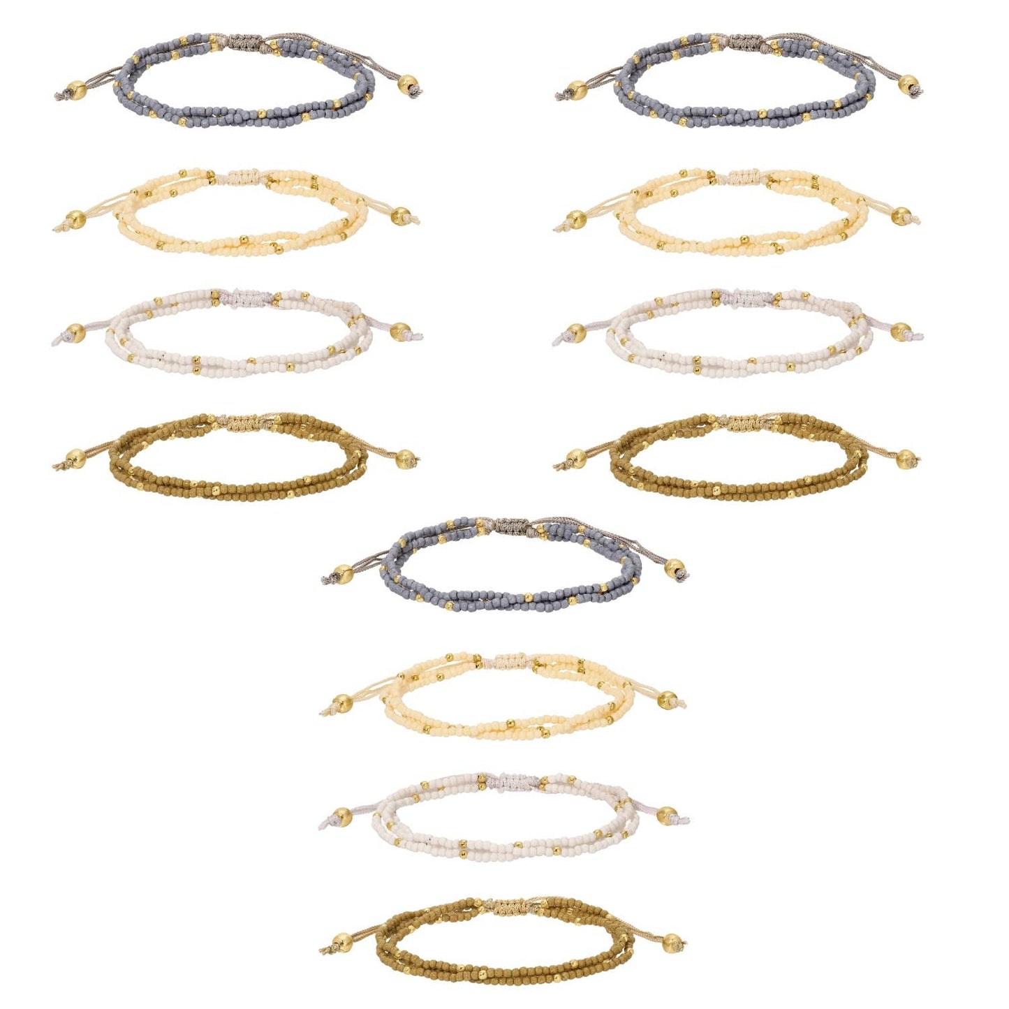 Set of gold, silver, and bronze beaded bracelets on a white background