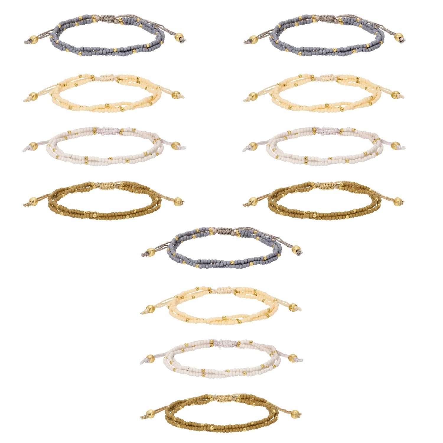 Set of gold, silver, and bronze beaded bracelets on a white background