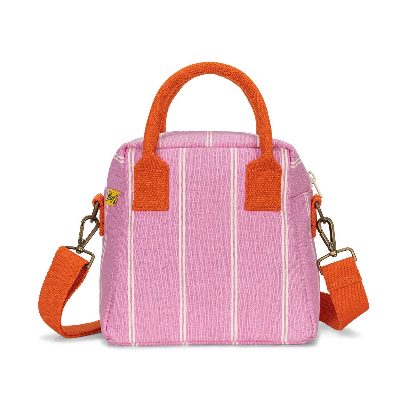 Pink striped handbag with orange handles and strap on a white background