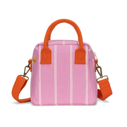 Pink striped handbag with orange handles and strap on a white background