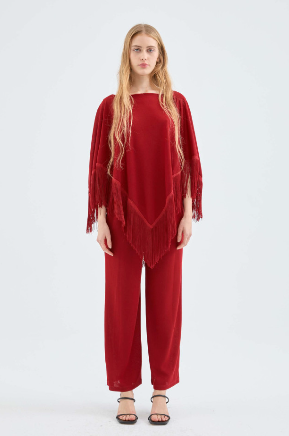 Fringed Poncho - Red