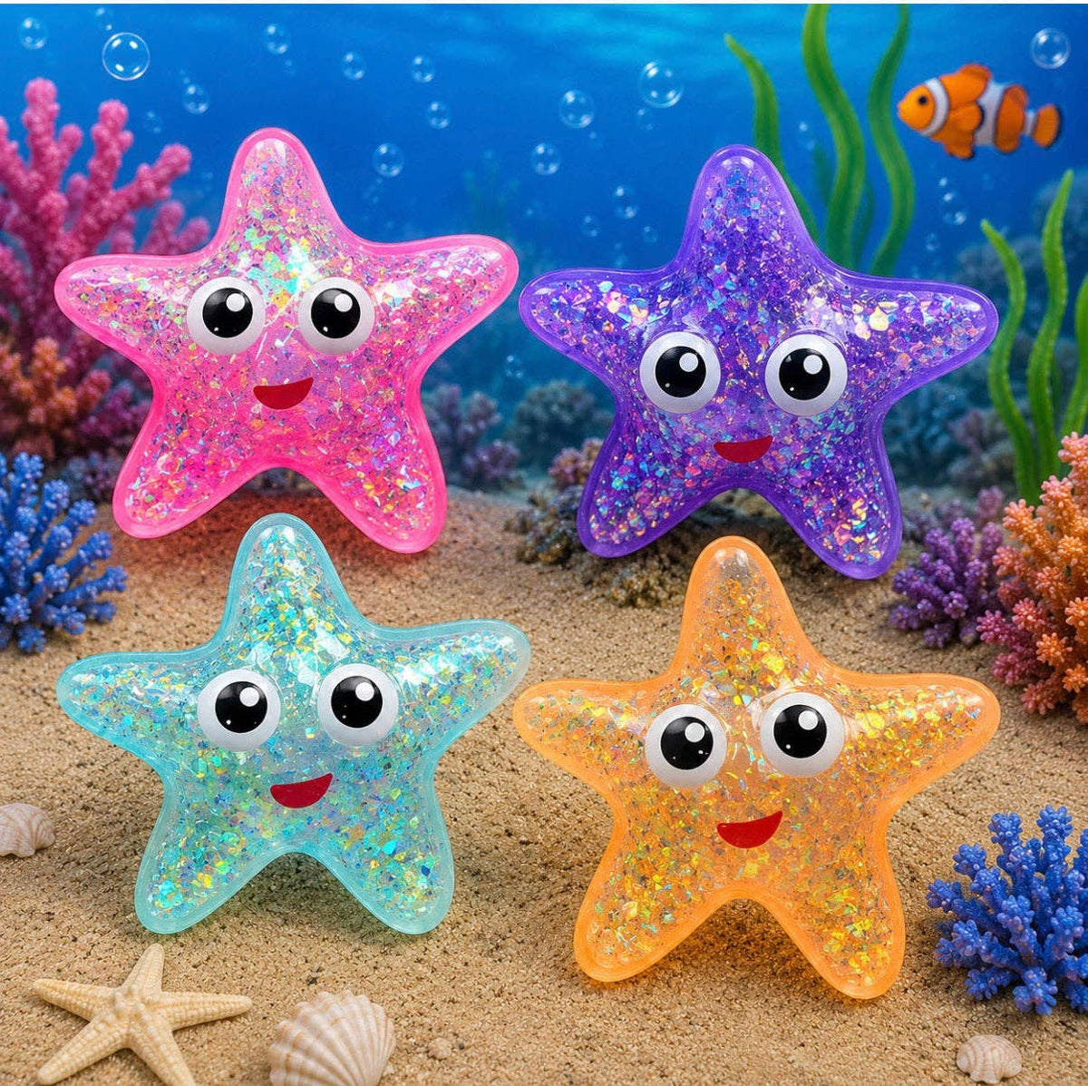 Four glittery starfish toys in pink, purple, aqua, and orange, each with large cartoon eyes and a smiling mouth, arranged on sandy ocean ground with coral, bubbles, and a fish in the background.