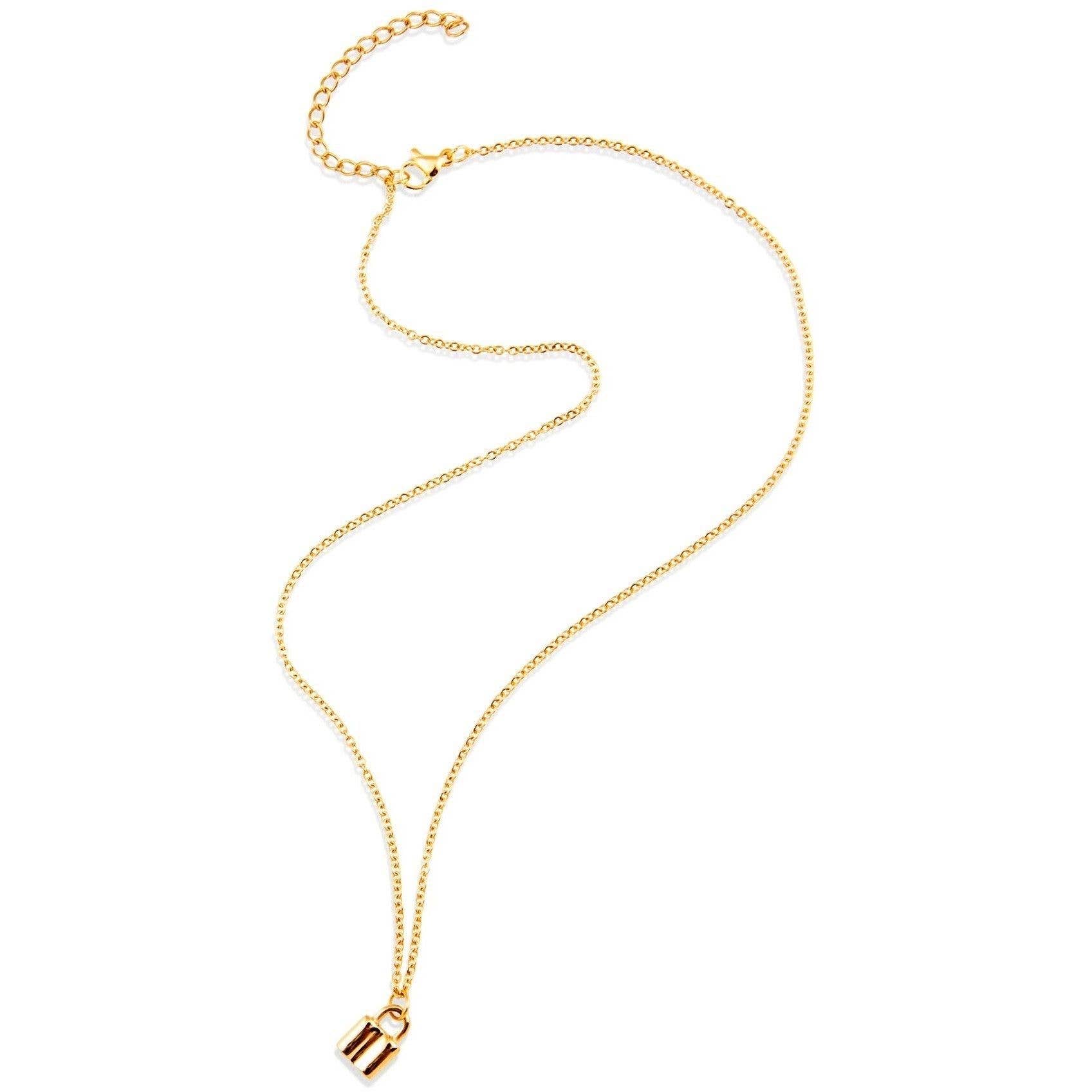 Gold necklace with a lock pendant on a white background