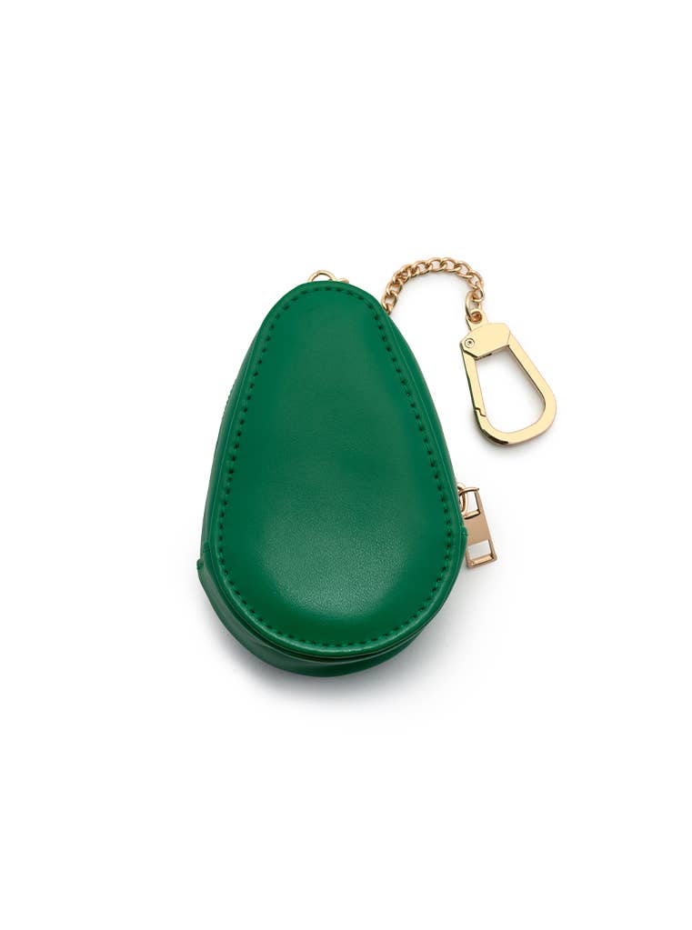 Green leather keychain pouch with gold clasp on a white background