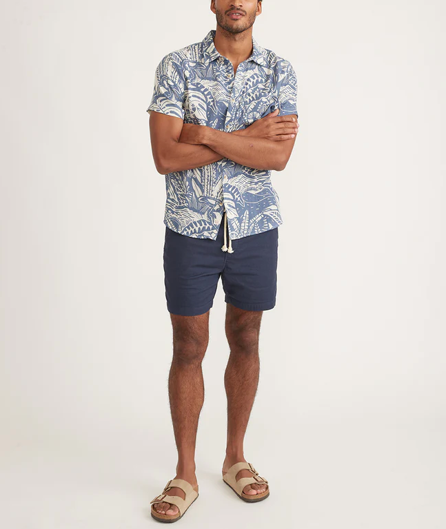 S/S Crinkle Double Cloth Shirt - Navy Tropical Print