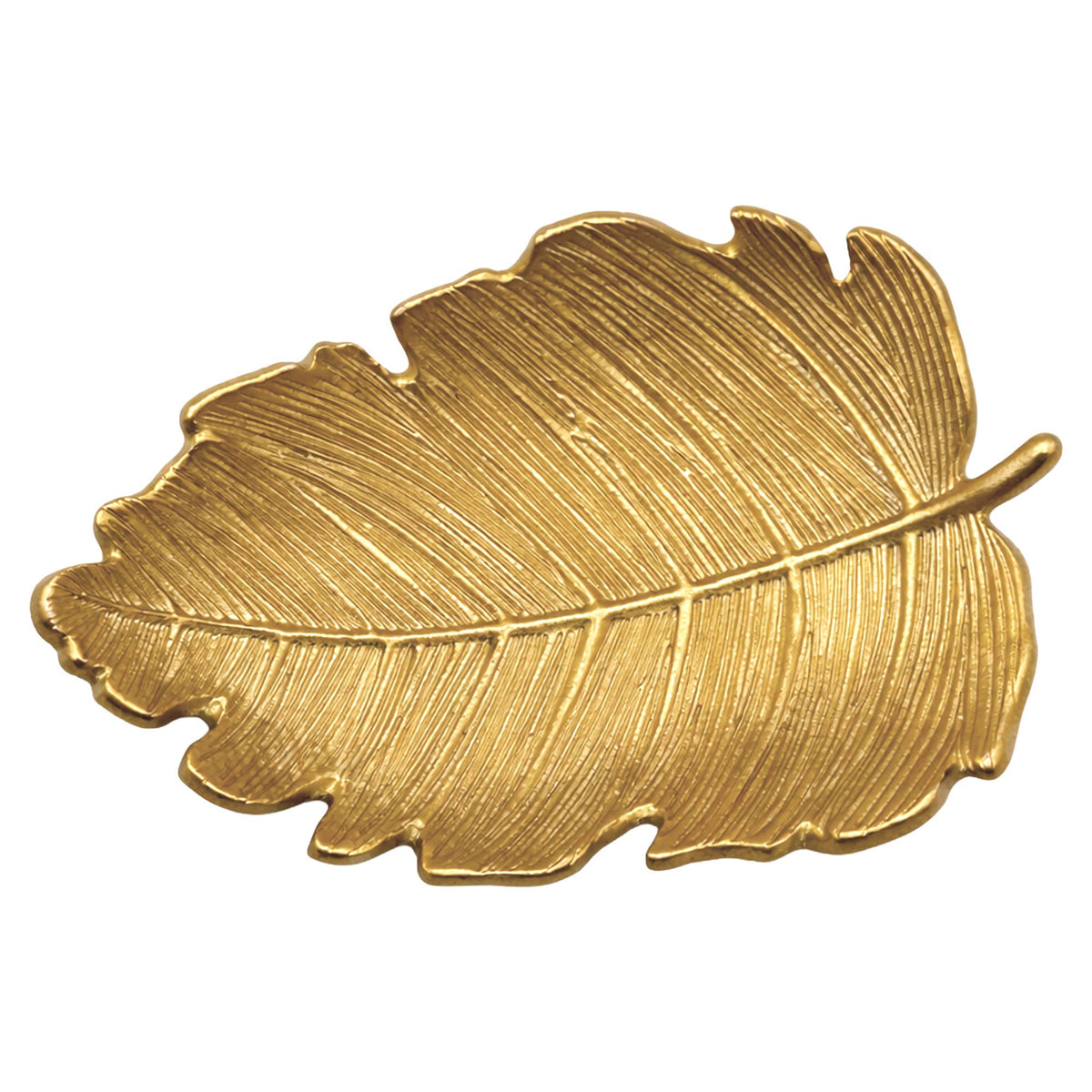 A gold-toned metal leaf-shaped tray or dish with detailed leaf veins and a textured finish, shown on a plain white background.