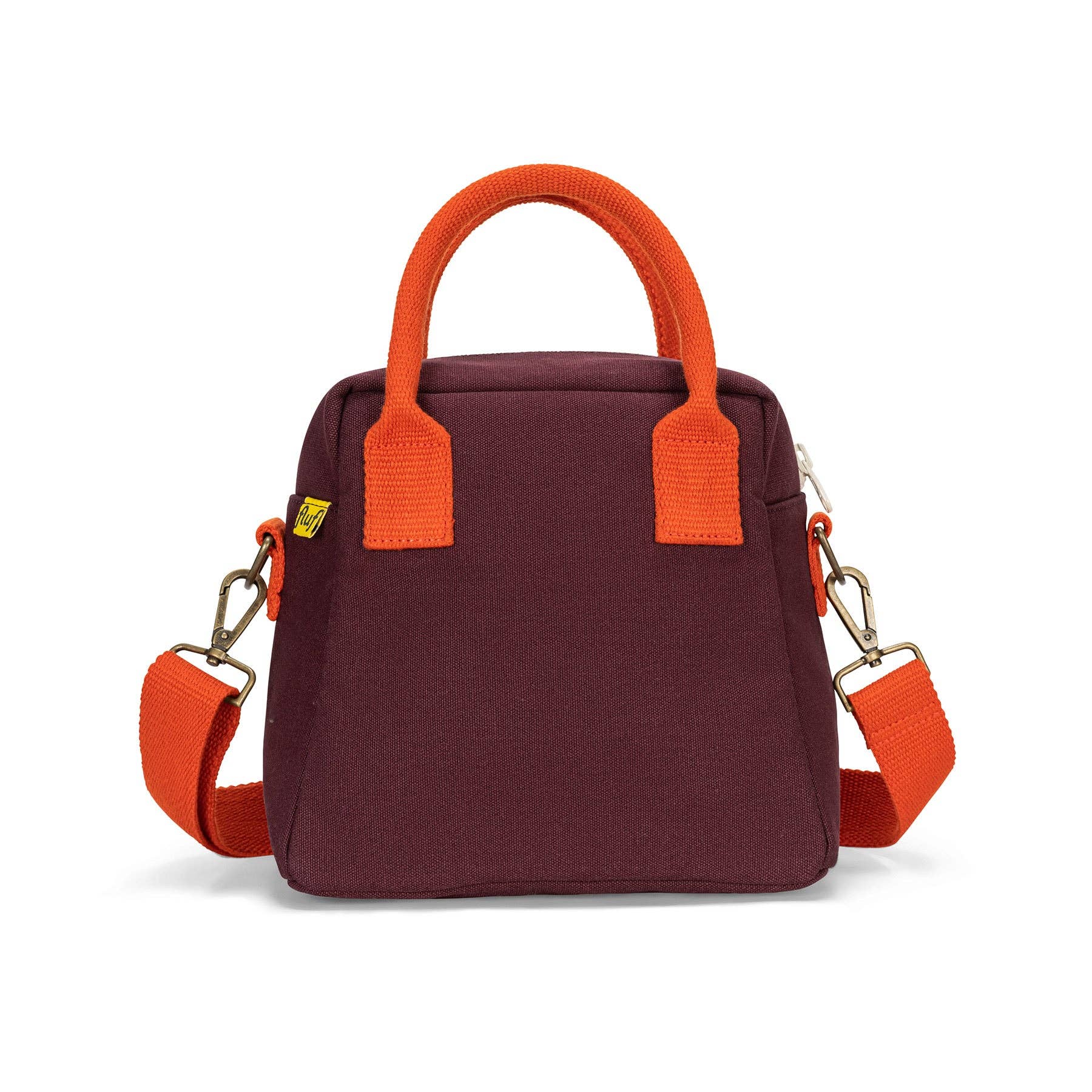 Purple handbag with orange handles and strap on a white background