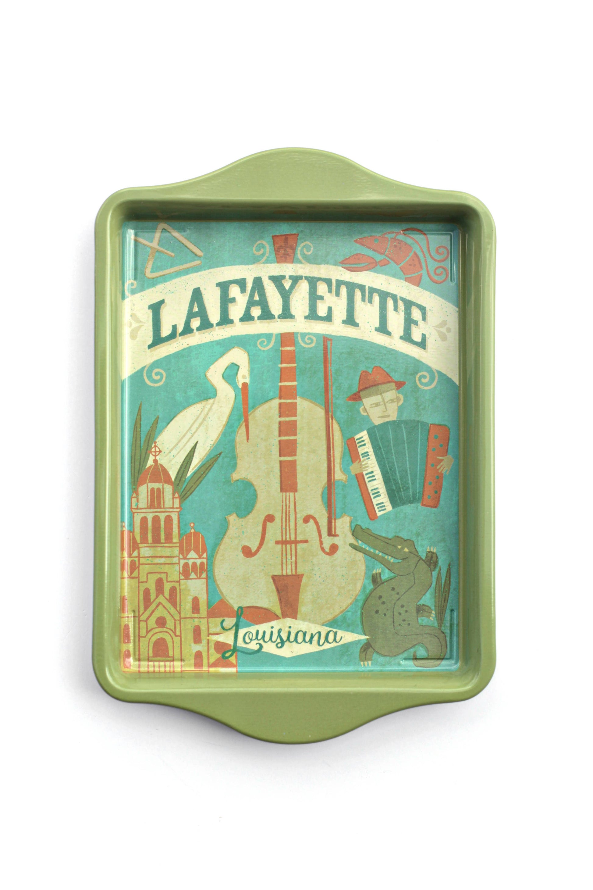 Decorative tray with Lafayette, Louisiana design on a white background