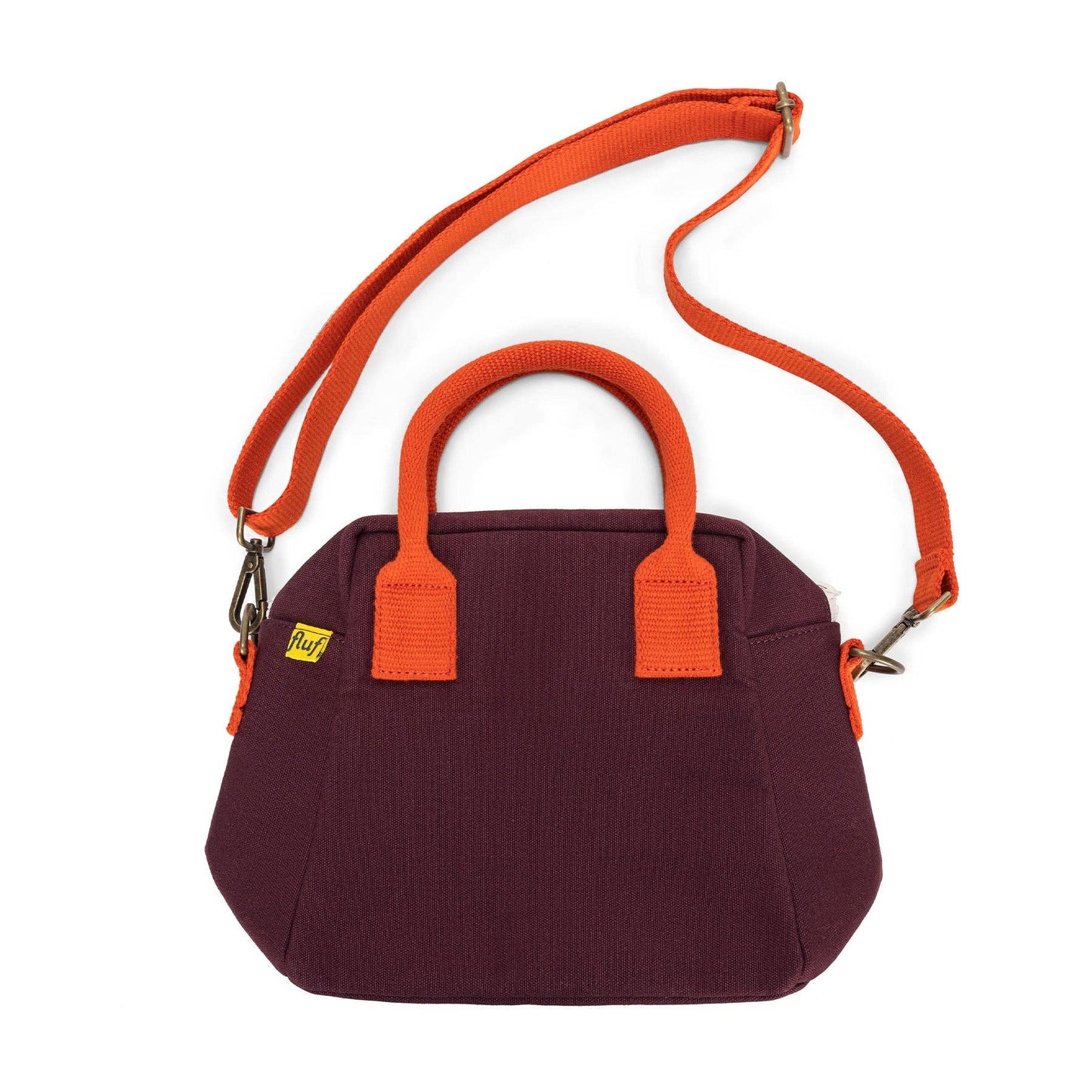 Purple handbag with orange handles and strap on a white background