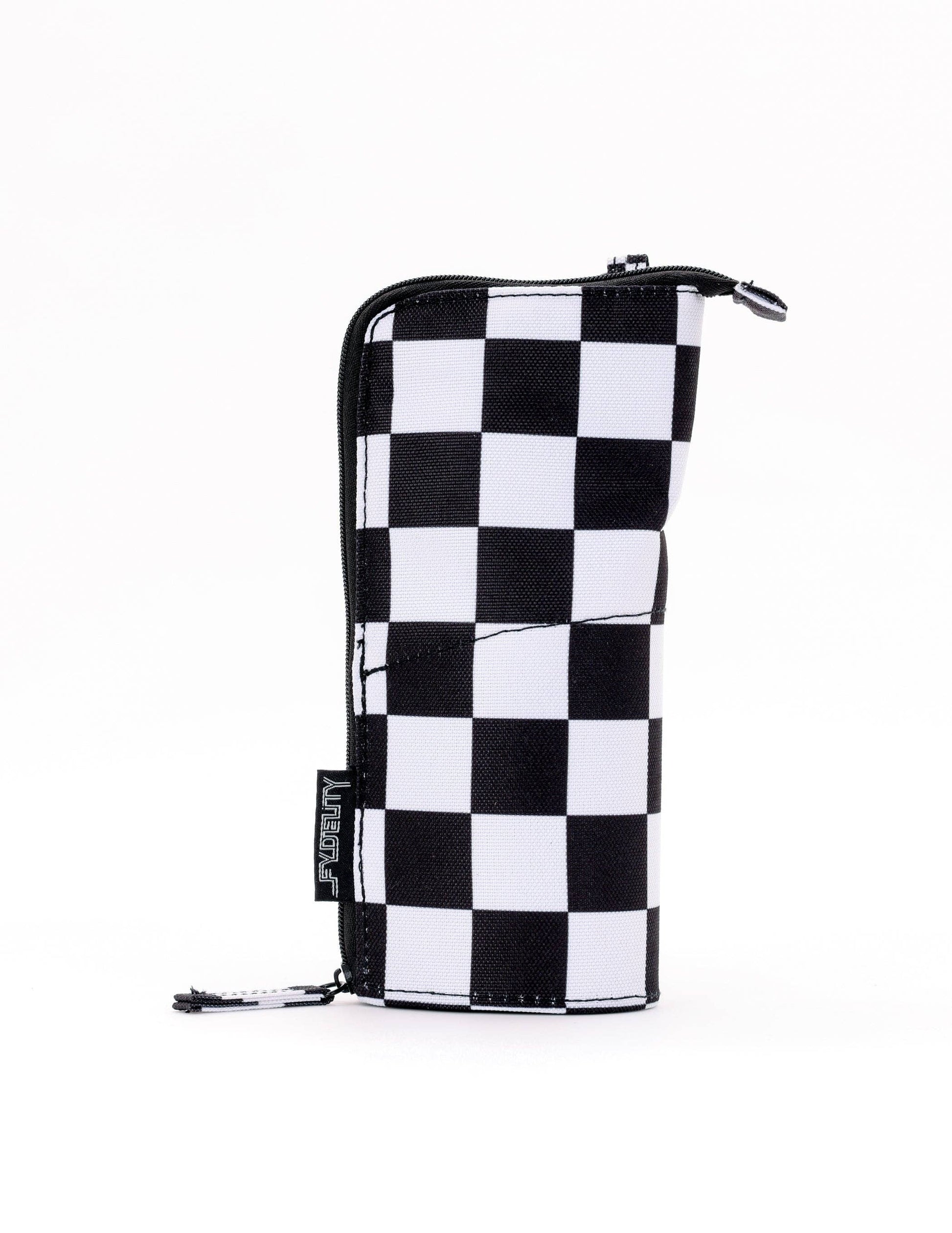 Black and white checkered pouch on a white background