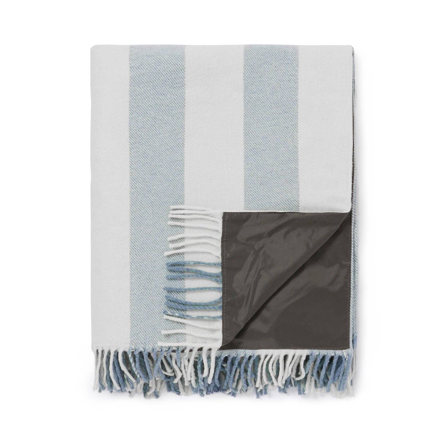 Striped blanket with blue, gray, and white colors on a white background