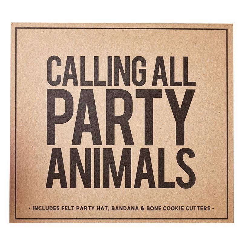 Cardboard box with text 'Calling All Party Animals' on a white background