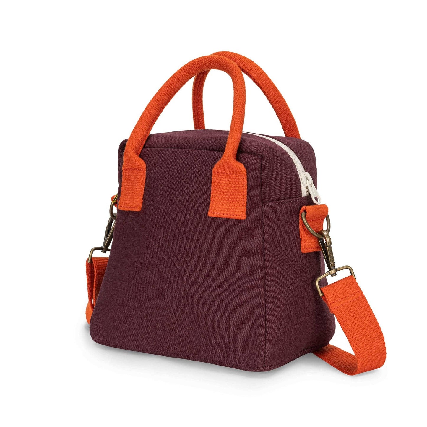 Purple handbag with orange handles and strap on a white background