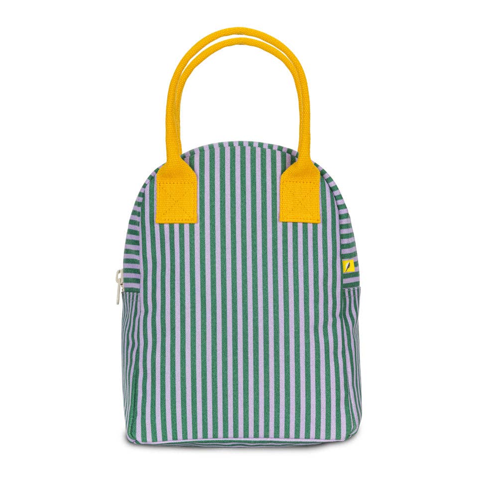 Green and white striped bag with yellow handles on a white background