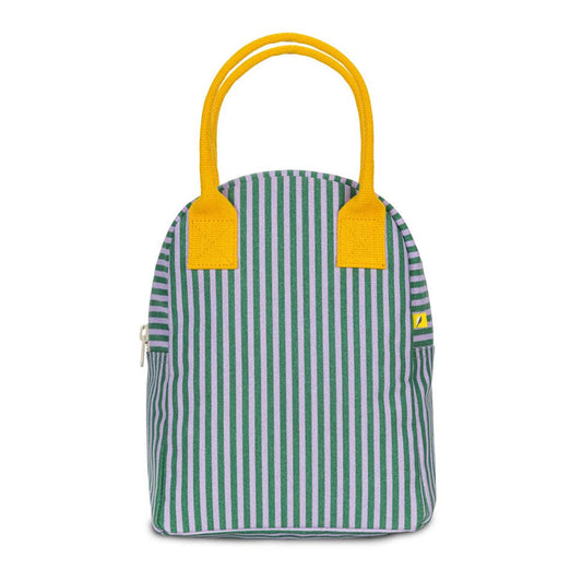 Green and white striped bag with yellow handles on a white background