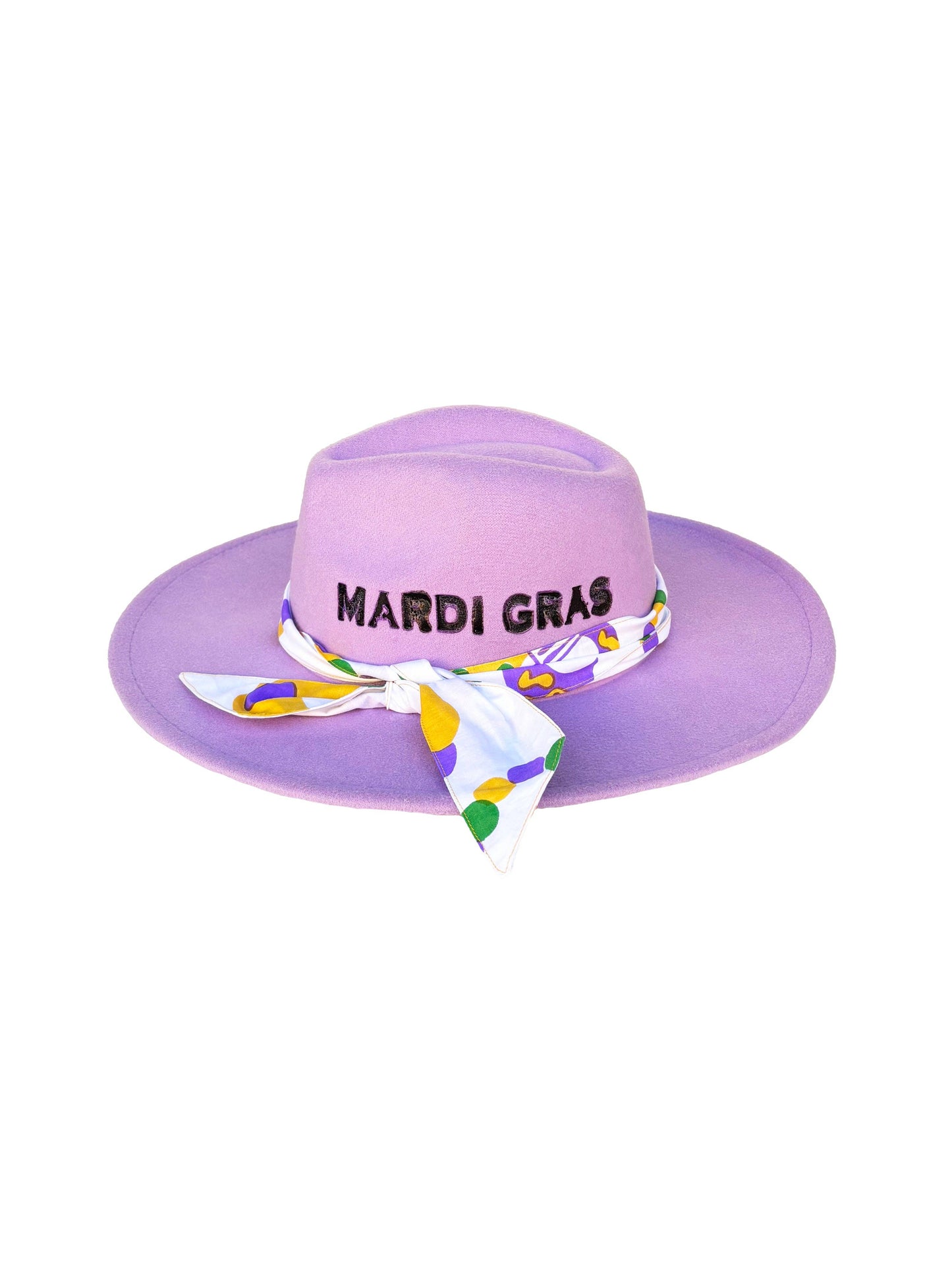 Purple sun hat with 'Mardi Gras' ribbon on a white background