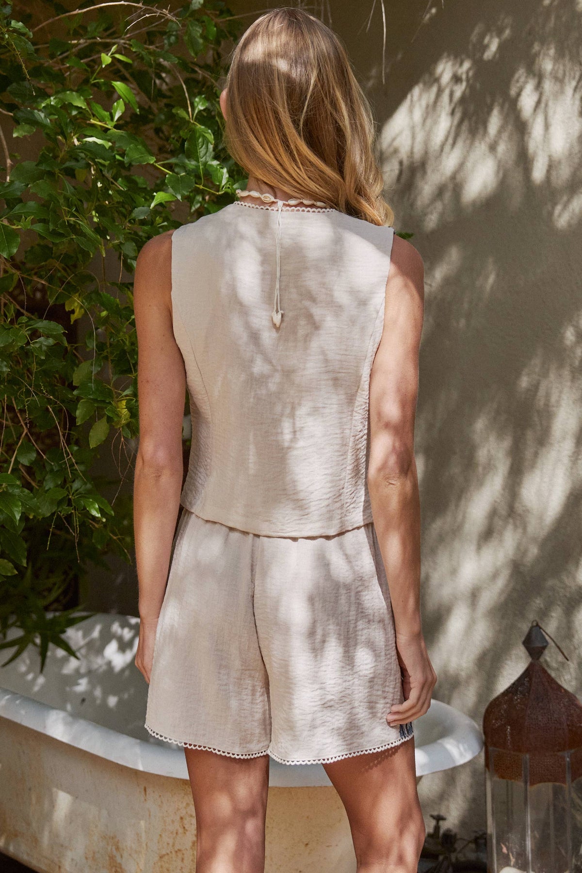 Blue and White Embroidered Linen Blend Button Front Vest