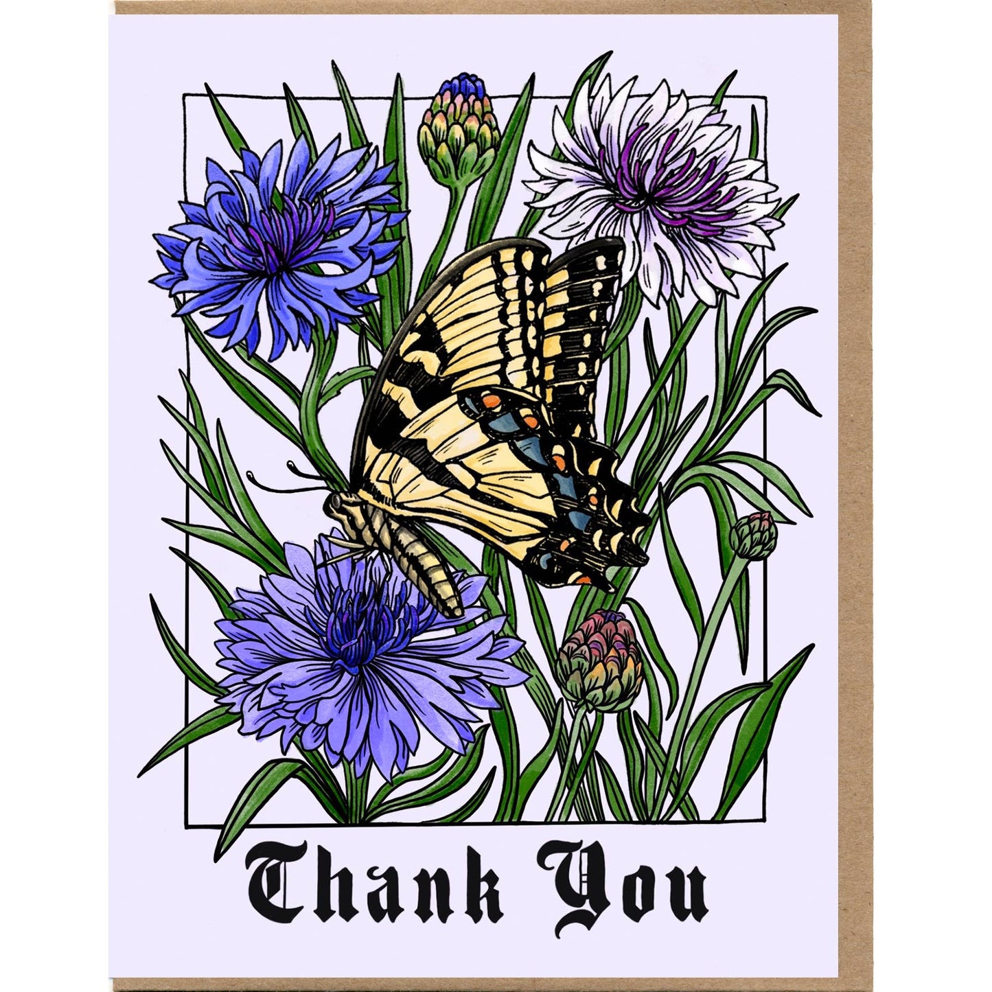 Greeting card with a butterfly and flowers on a white background
