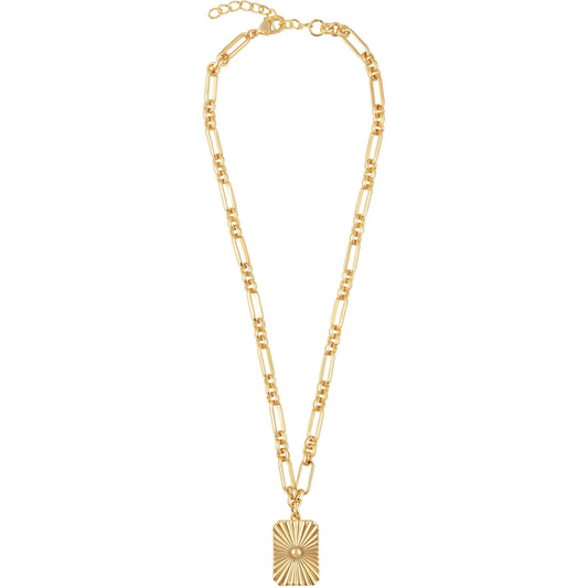 Gold pendant necklace against a white background